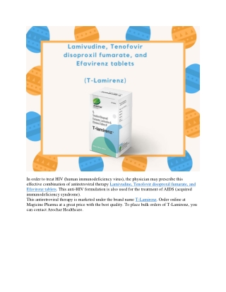 Lamivudine, Tenofovir disoproxil fumarate, and Efavirenz tablets (T-Lamirenz)
