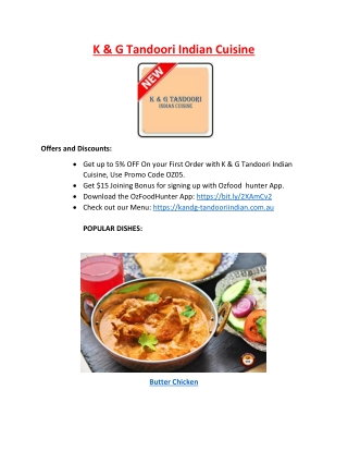 K & G Tandoori Indian Restaurant Morphett Vale, SA - 5% Off