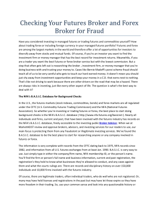 Checking Your Futures Broker and Forex Broker for Fraud