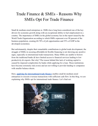 Trade Finance & SMEs - Reasons Why SMEs Opt For Trade Finance