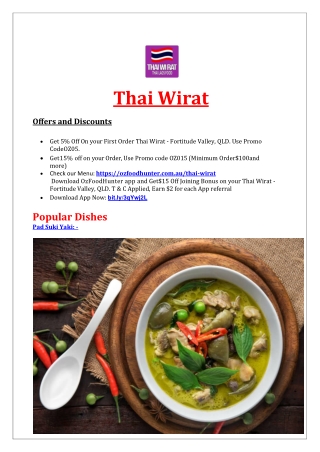 5% Off – Thai Wirat Restaurant Fortitude Valley Delivery , QLD