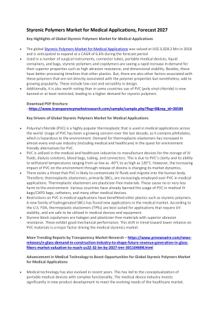 Styrenic Polymers Market for Medical Applications, Forecast 2027