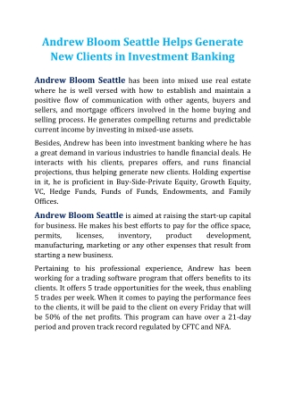 Andrew Bloom Seattle Helps Generate New Clients in Investment Banking