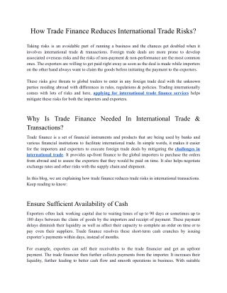 How Trade Finance Reduces International Trade Risks?