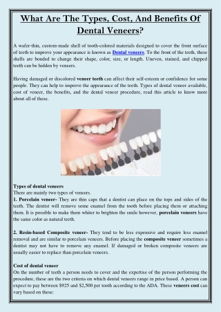 What Are The Types, Cost, And Benefits Of Dental Veneers