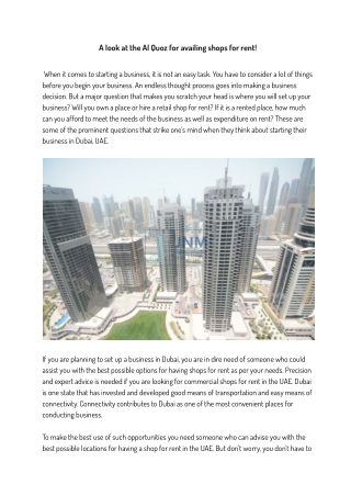 A look at the Al Quoz for availing shops for rent!