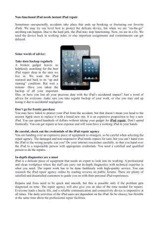 Non-functional iPad needs instant iPad repair