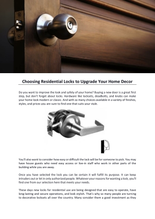 Choosing Residential Locks to Upgrade Your Home Decor