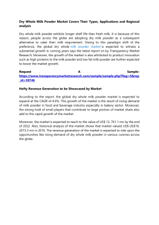 Dry Whole Milk Powder Market Covers Their Types, Applications and Regional analy