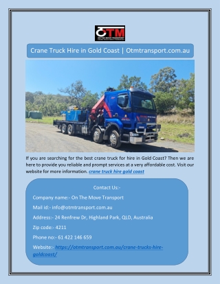 Crane Truck Hire in Gold Coast | Otmtransport.com.au