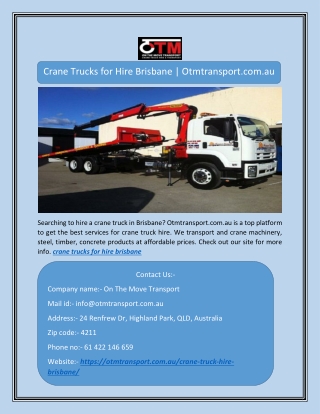 Crane Trucks for Hire Brisbane | Otmtransport.com.au