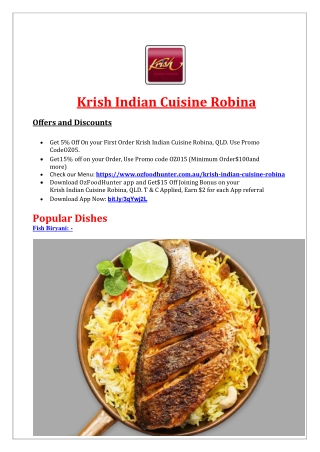 5% Off - Krish Indian Restaurant Delivery Robina , QLD
