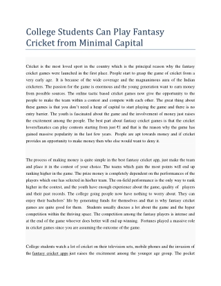 College Students Can Play Fantasy Cricket from Minimal Capital