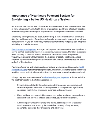 Importance of Healthcare Payment System for Envisioning a better US Healthcare System