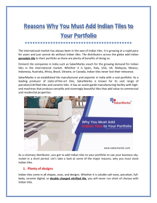 Top 3 Reasons Why You Must Add Indian Tiles to Your Portfolio