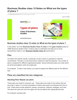 Business Studies class 12 Notes on What are the types of plans
