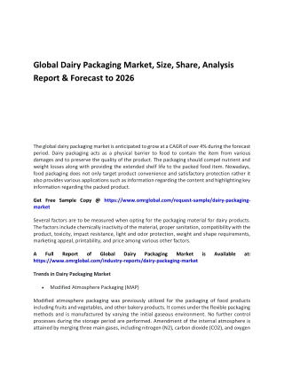 Global Dairy Packaging Market, Size, Share, Analysis Report & Forecast to 2026