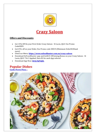 15% Off - Crazy Saloon menu - Pizza Restaurant in St Lucia, QLD