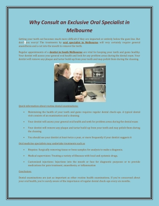 Why Consult an Exclusive Oral Specialist in Melbourne