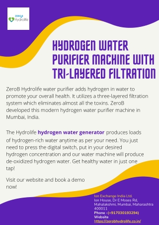 Hydrogen Water Purifier Machine with Tri-Layered Filtration