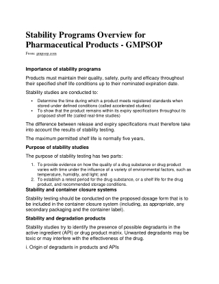 Stability Programs Overview for Pharmaceutical Products