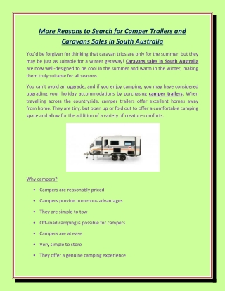 More Reasons to Search for Camper Trailers and Caravans Sales in South Australia
