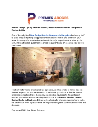 Interior Design Tips by Premier Abodes, Best Affordable Interior Designers in Electronic City