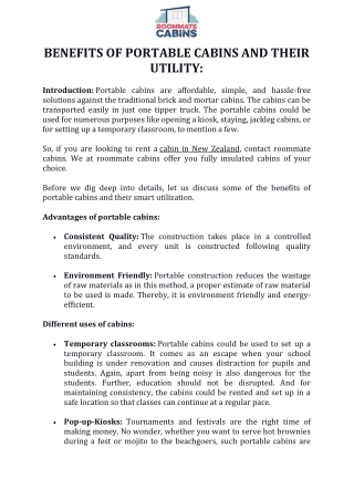 Benefits of Portable Cabins and Their Utility