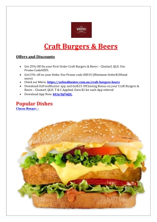 25% Off - Craft Burgers & Beers Restaurant Clontarf menu, QLD