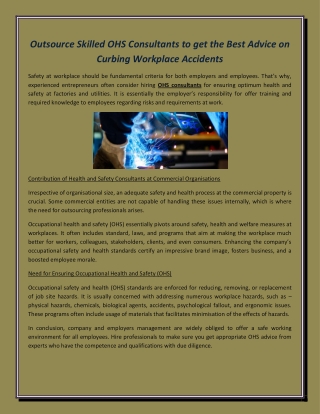 Outsource Skilled OHS Consultants to get the Best Advice on Curbing Workplace Accidents