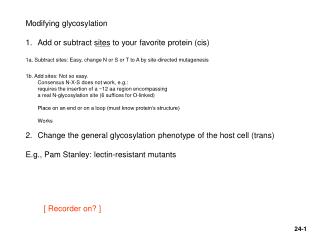 Modifying glycosylation Add or subtract sites to your favorite protein (cis) 1a. Subtract sites: Easy, change N or S or