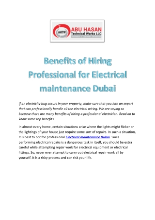 Benefits of Hiring Professional for Electrical maintenance Dubai at Abu Hasan Technical Works LLC.