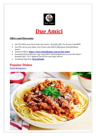 5% Off - Due Amici Italian Restaurant | Pizza Bundall, QLD