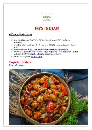 5% Off – FG’S Indian Restaurant in Ashmore Delivery, QLD