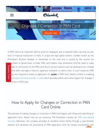 Apply for Changes or Correction in PAN Card Online at Alankit.in