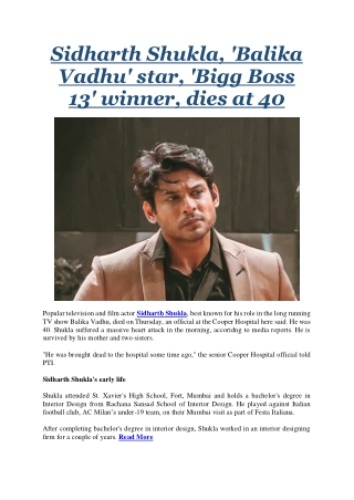 Sidharth Shukla, 'Balika Vadhu' star, 'Bigg Boss 13' winner, dies at 40