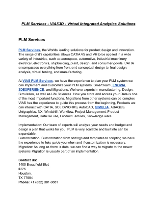 PLM Services - VIAS3D - Virtual Integrated Analytics Solutions