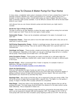 How To Choose A Water Pump For Your Home