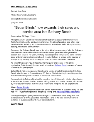 “Better Blinds” now expands their sales and service area into Bethany Beach