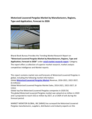 Global Motorized Louvered Pergolas Market Regions, Forecast to 2026