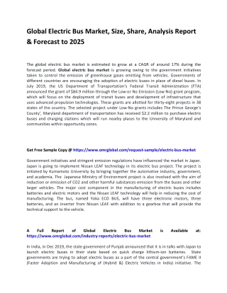 Global Electric Bus Market, Size, Share, Analysis Report & Forecast to 2025