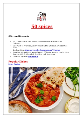 15% Off - 50 spices Indian Restaurant Ashgrove Delivery, QLD
