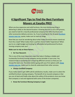 4 Significant Tips to Find the Best Furniture Movers at EasyGo PRO!