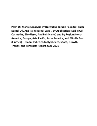 Palm Oil Market Analysis on Size 2021-2026