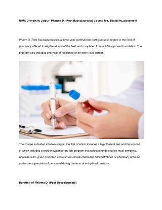 Pharma D. (Post Baccalaureate) Course at NIMS University Jaipur