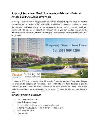 Shapoorji Sensorium - Classic Apartments with Modern Features Available At Pune At Exclusive Prices