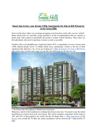 Smart tips to buy your dream 2 Bhk Apartments for Sale in KR Puram by Arsis Green Hills