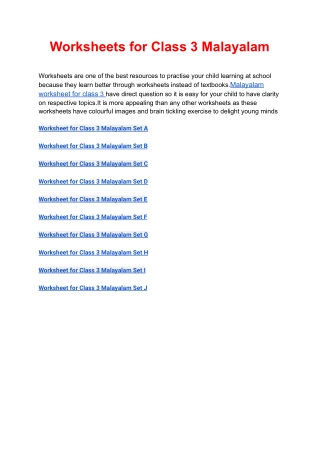 Malayalam Worksheets for Class 3 Free PDF Download