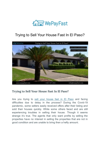 Trying to Sell Your House Fast In El Paso