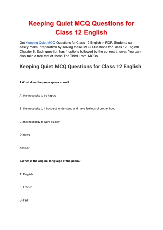 Keeping Quiet MCQ Questions for Class 12 English Flamingo Free PDF